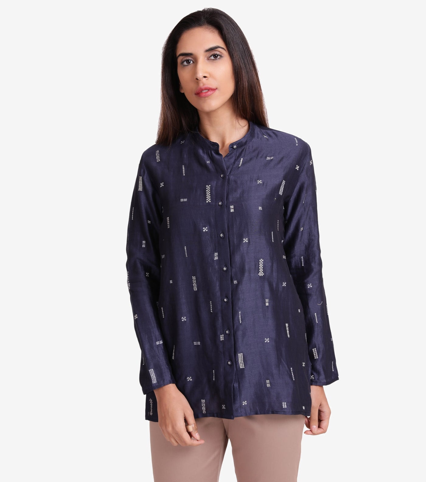 Blue chanderi embroidered shirt