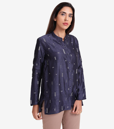 Blue chanderi embroidered shirt