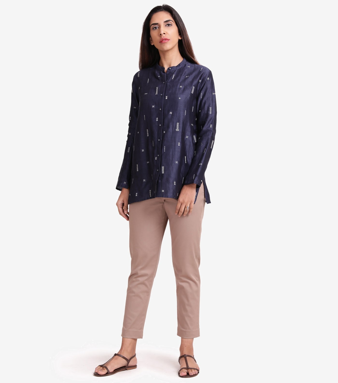 Blue chanderi embroidered shirt