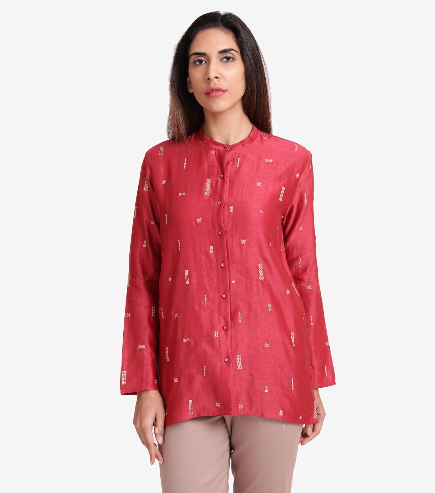 Red embroidered Cotton silk shirt