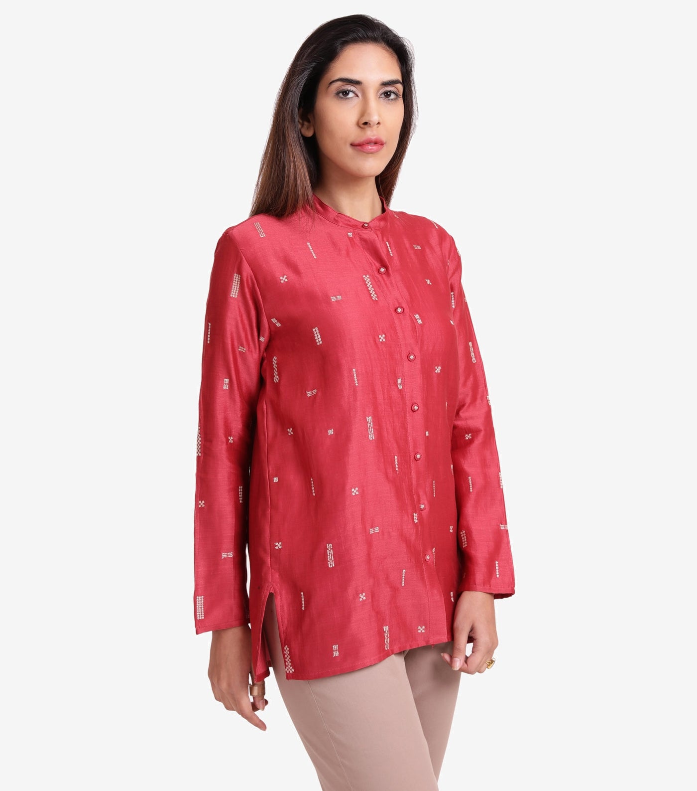 Red embroidered Cotton silk shirt