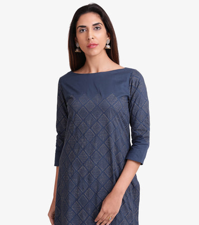 Blue Embroidered Cambric Kurta & Dupatta Set