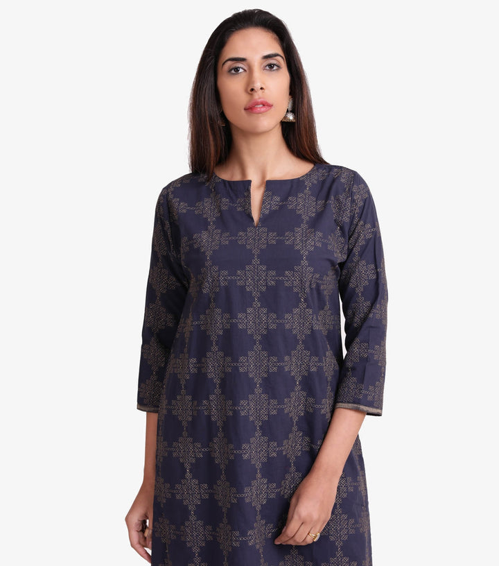 Navy Blue Embroidered Cambric Suit Set