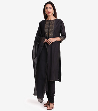 Black Embroidered Cotton Silk Suit Set