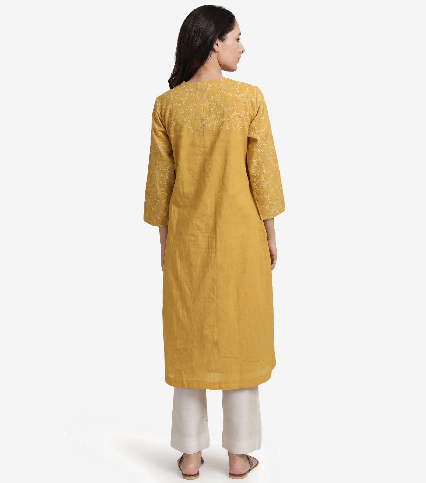 Mustard embroidered cotton kurta