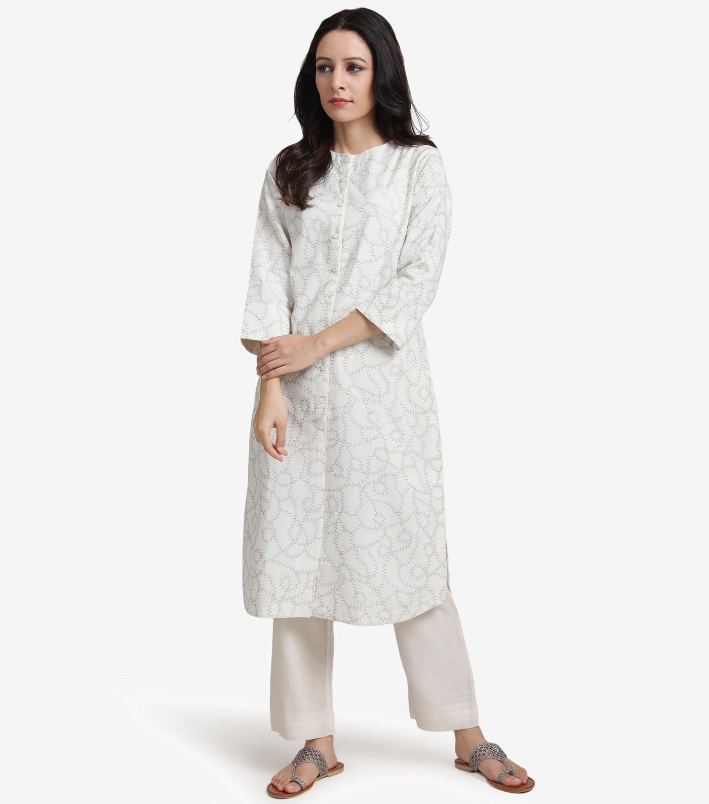 Natural embroidered cotton linen kurta