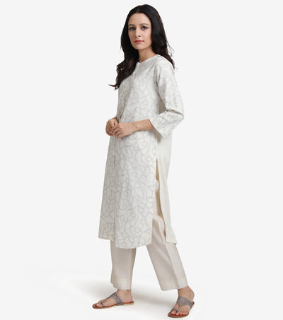 Natural embroidered cotton linen kurta