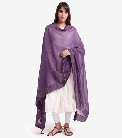 Purple Cotton silk embroidered dupatta