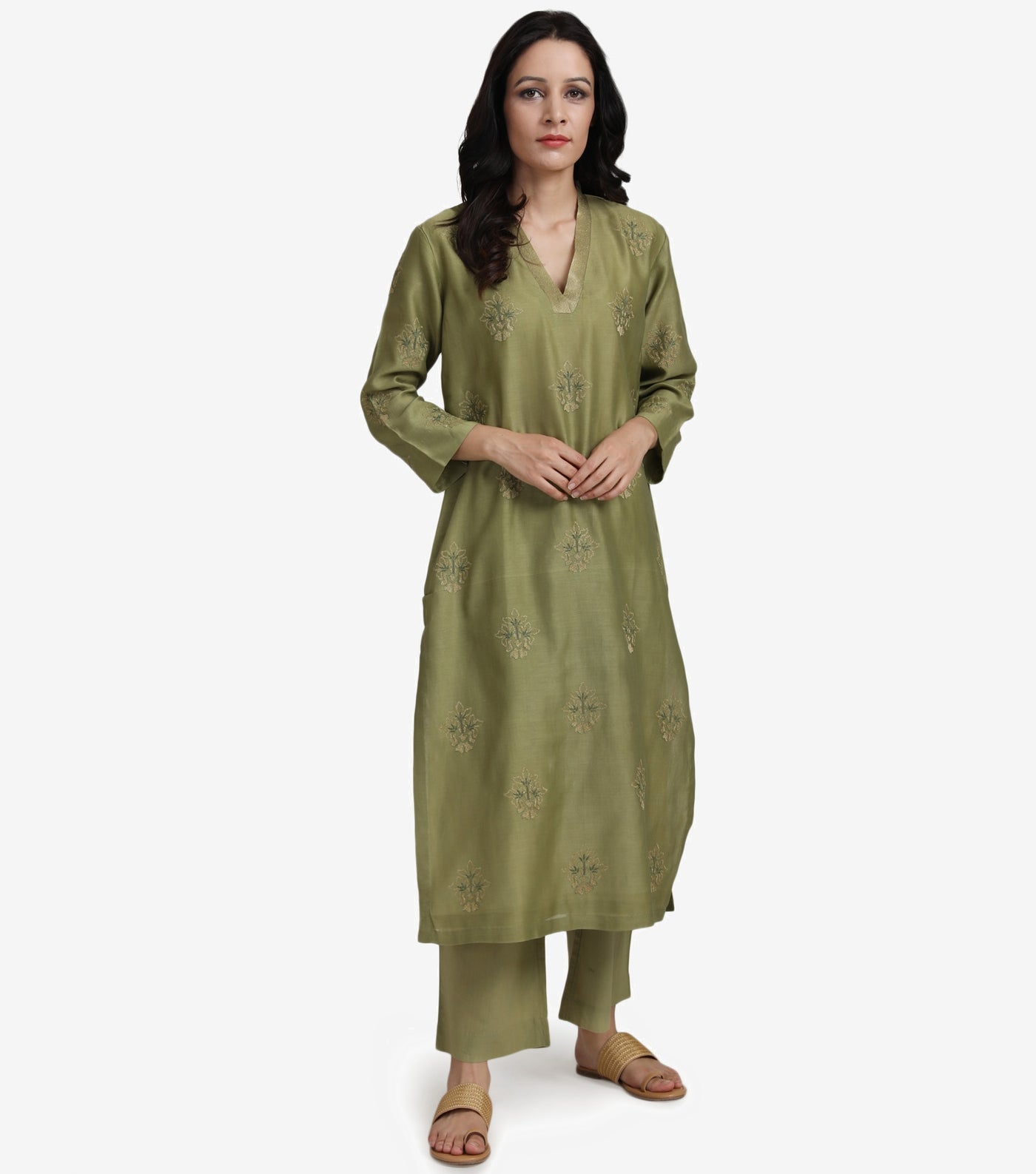 Green chanderi kurta set