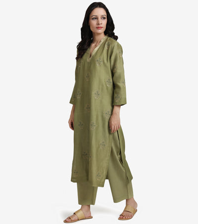 Green chanderi kurta set