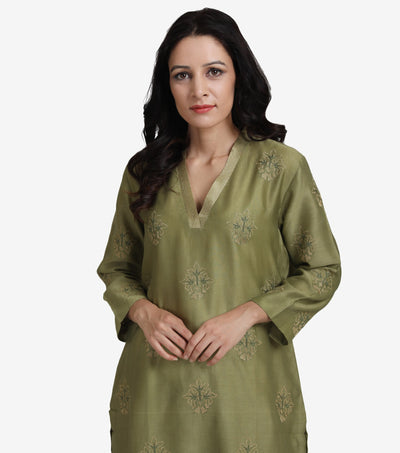 Green chanderi kurta set