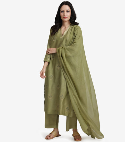 Green chanderi kurta set