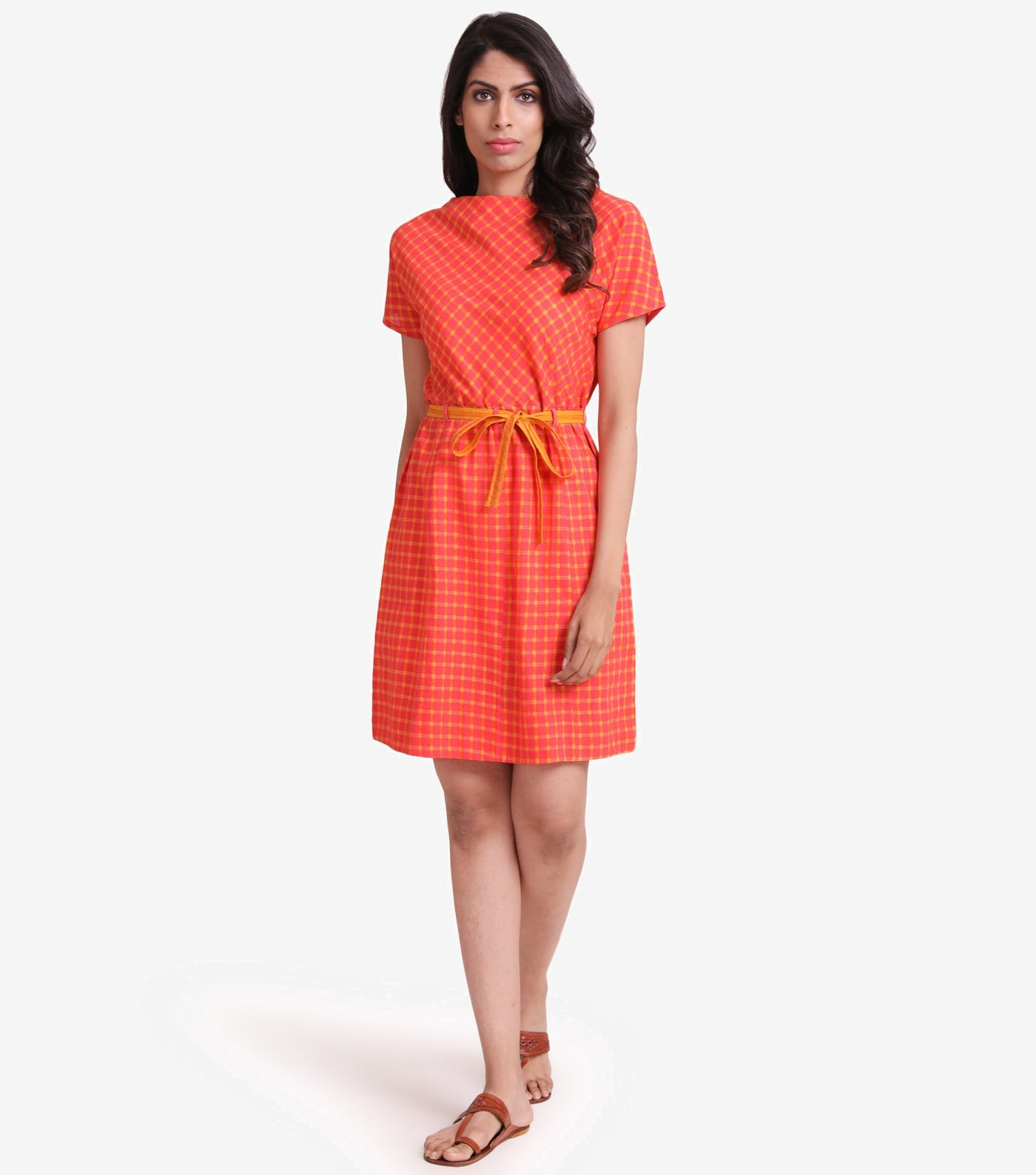 Orange summer checked dress