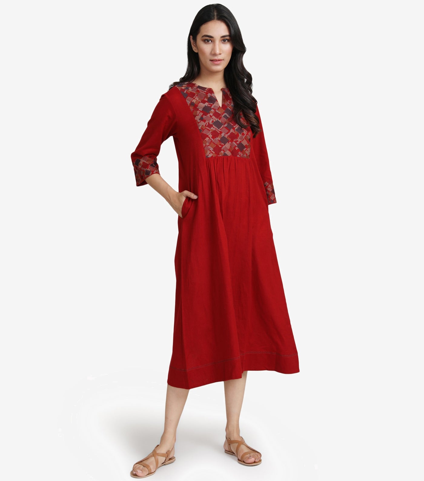 Red Embroidered Cotton linen Dress