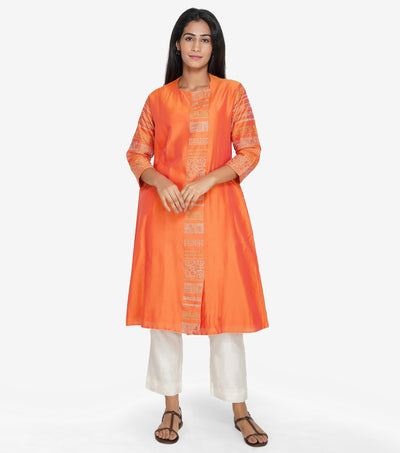 Orange silk chanderi embroiderd kurta