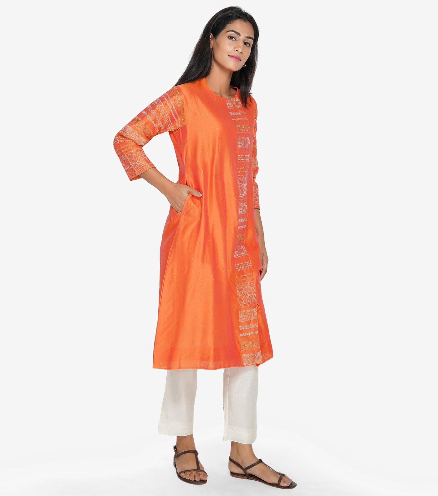 Orange silk chanderi embroiderd kurta