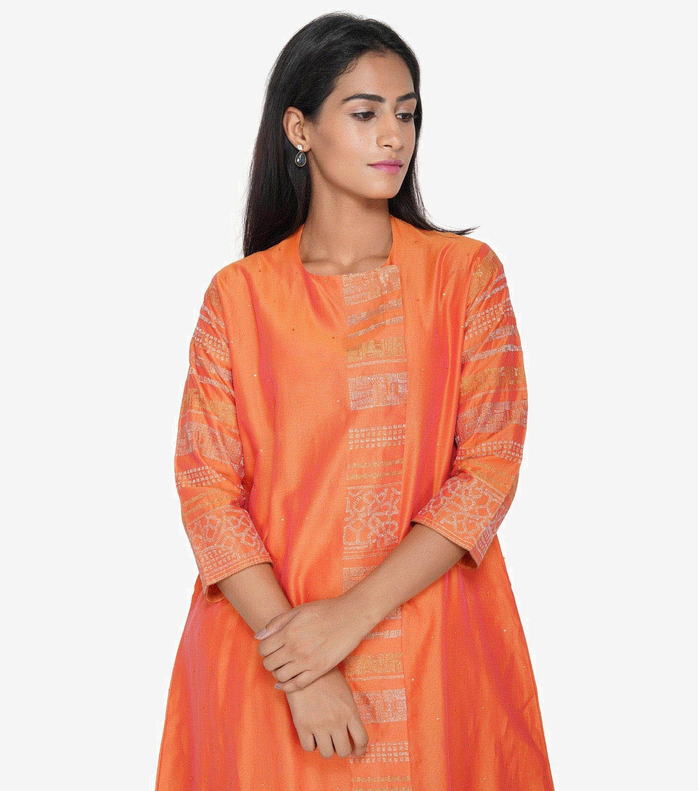 Orange silk chanderi embroiderd kurta