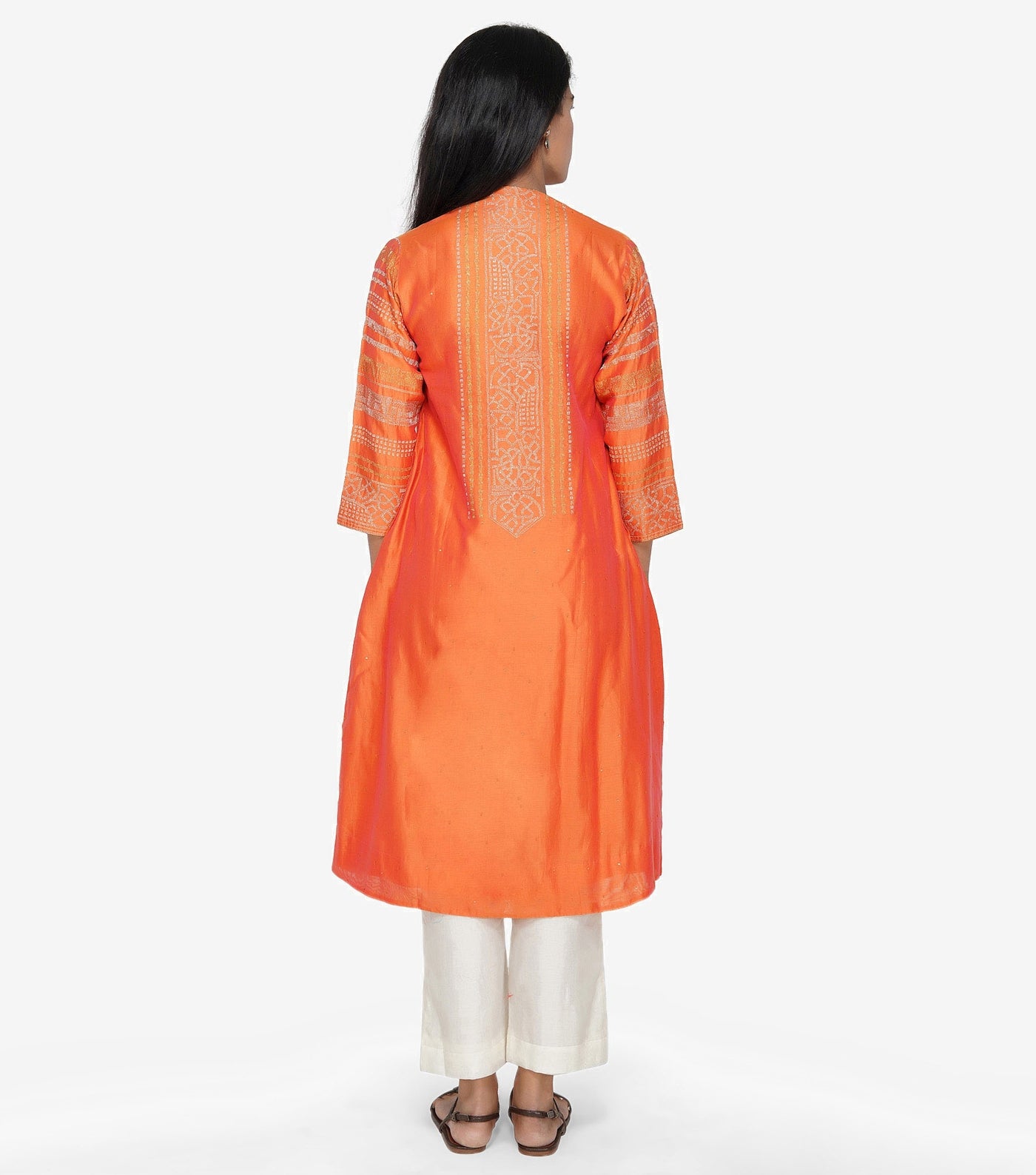 Orange silk chanderi embroiderd kurta