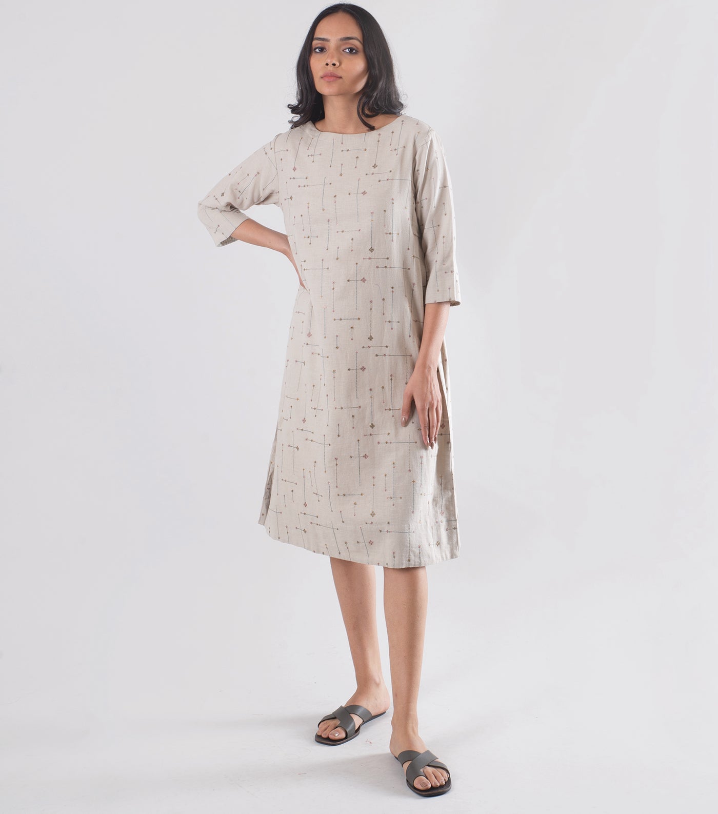 Beige embroidered linen Dress