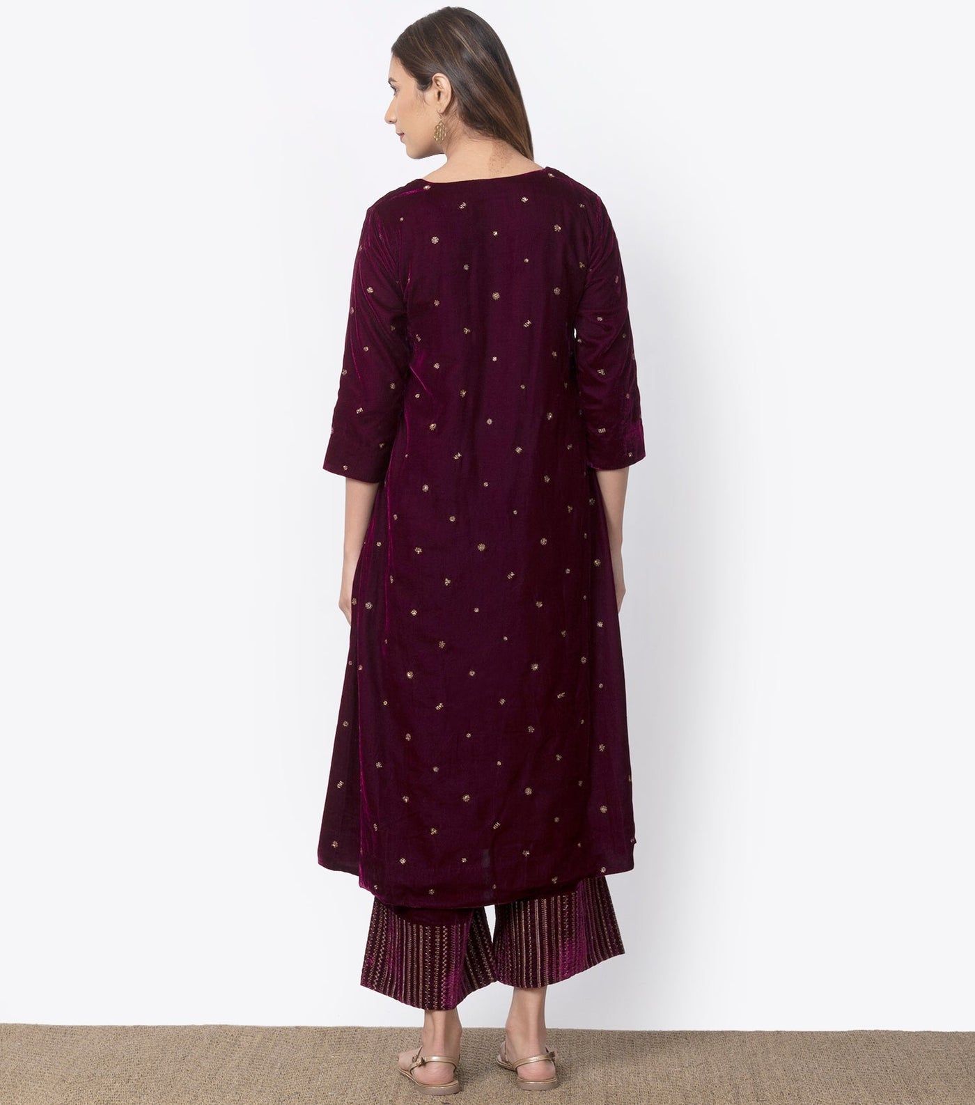 Wine Velvet Embroidered Kurta