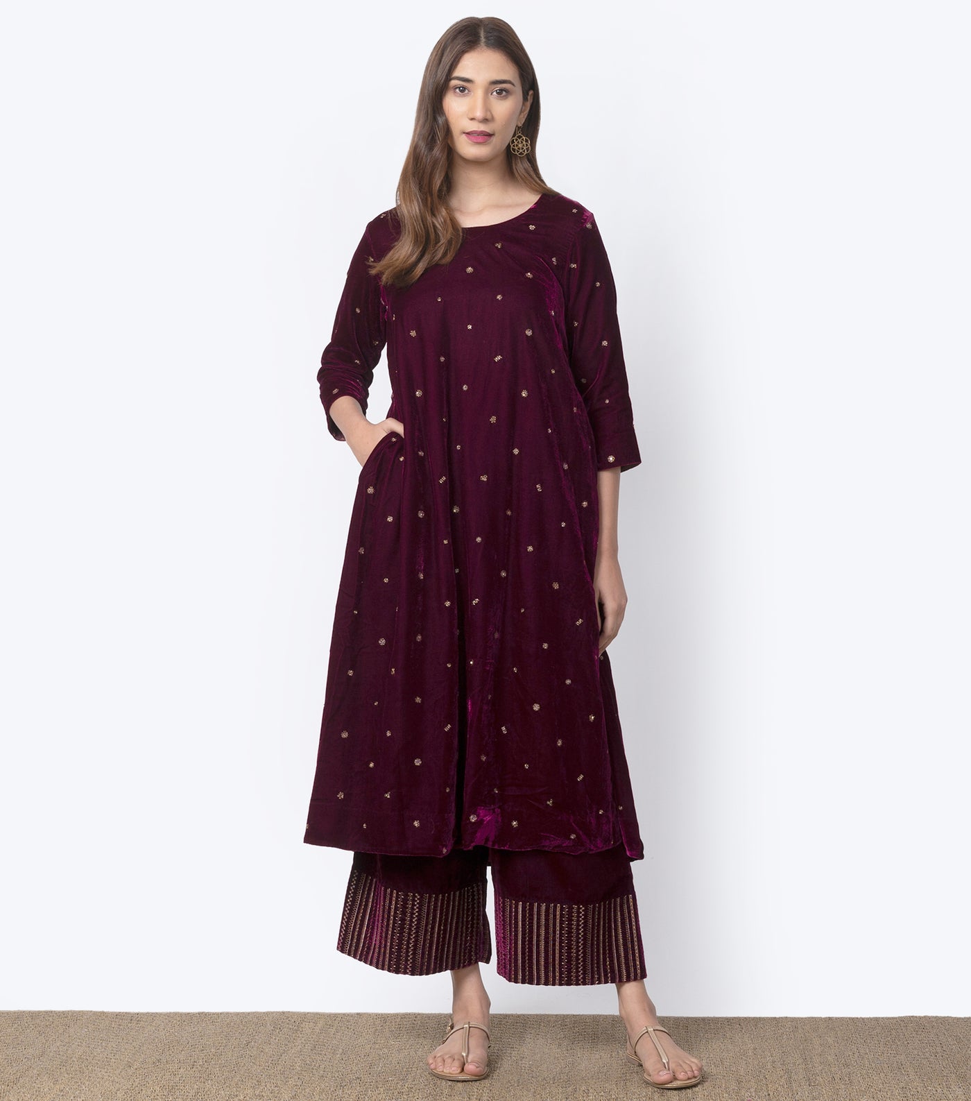 Wine Velvet Embroidered Kurta & Palazzo Pants set