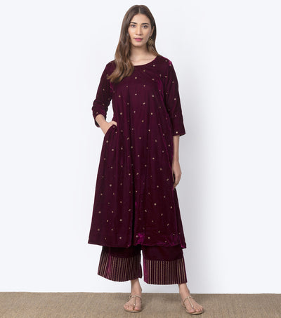 Wine Velvet Embroidered Kurta & Palazzo Pants set