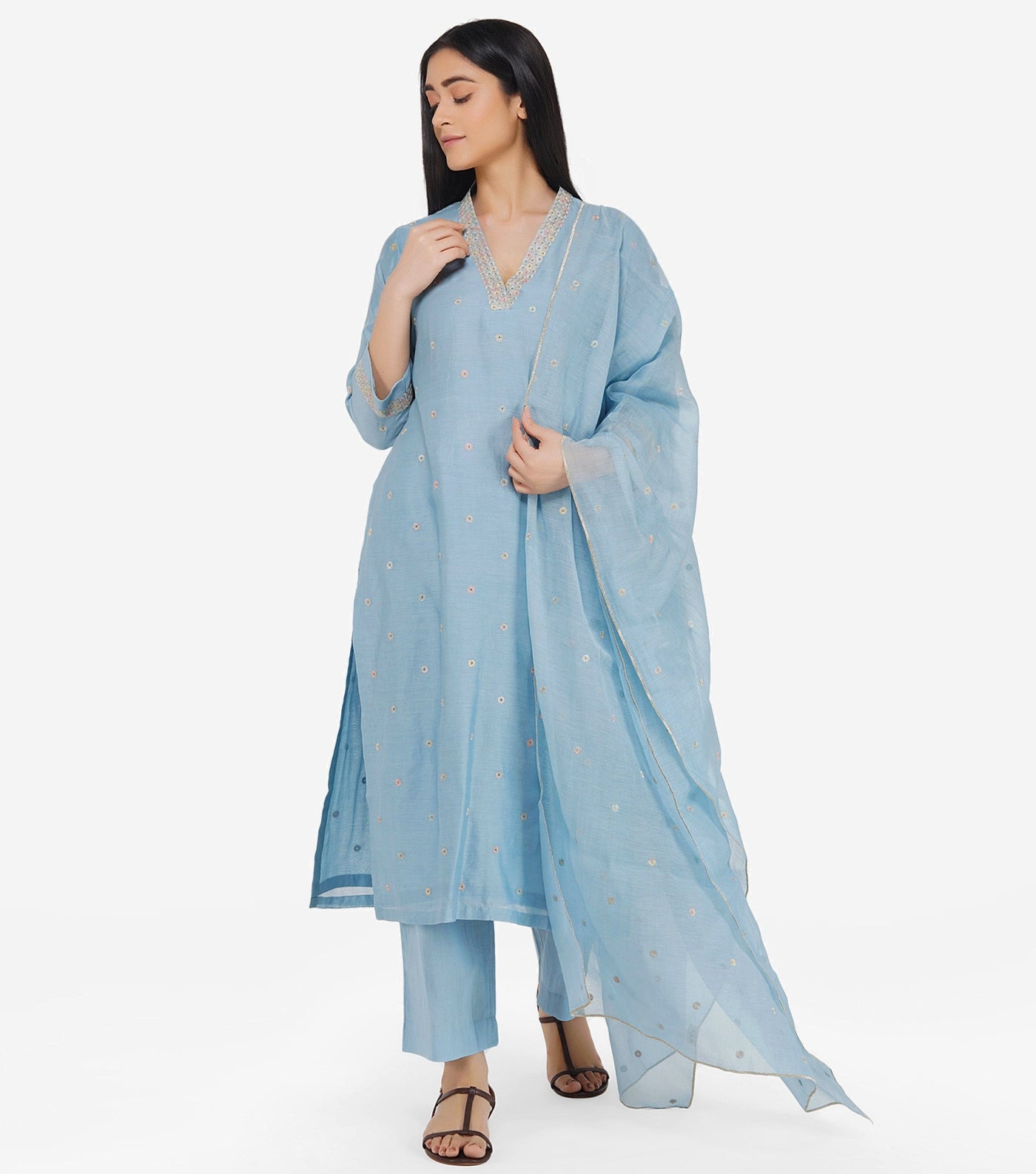 English Blue Embroidered Chanderi Suit Set