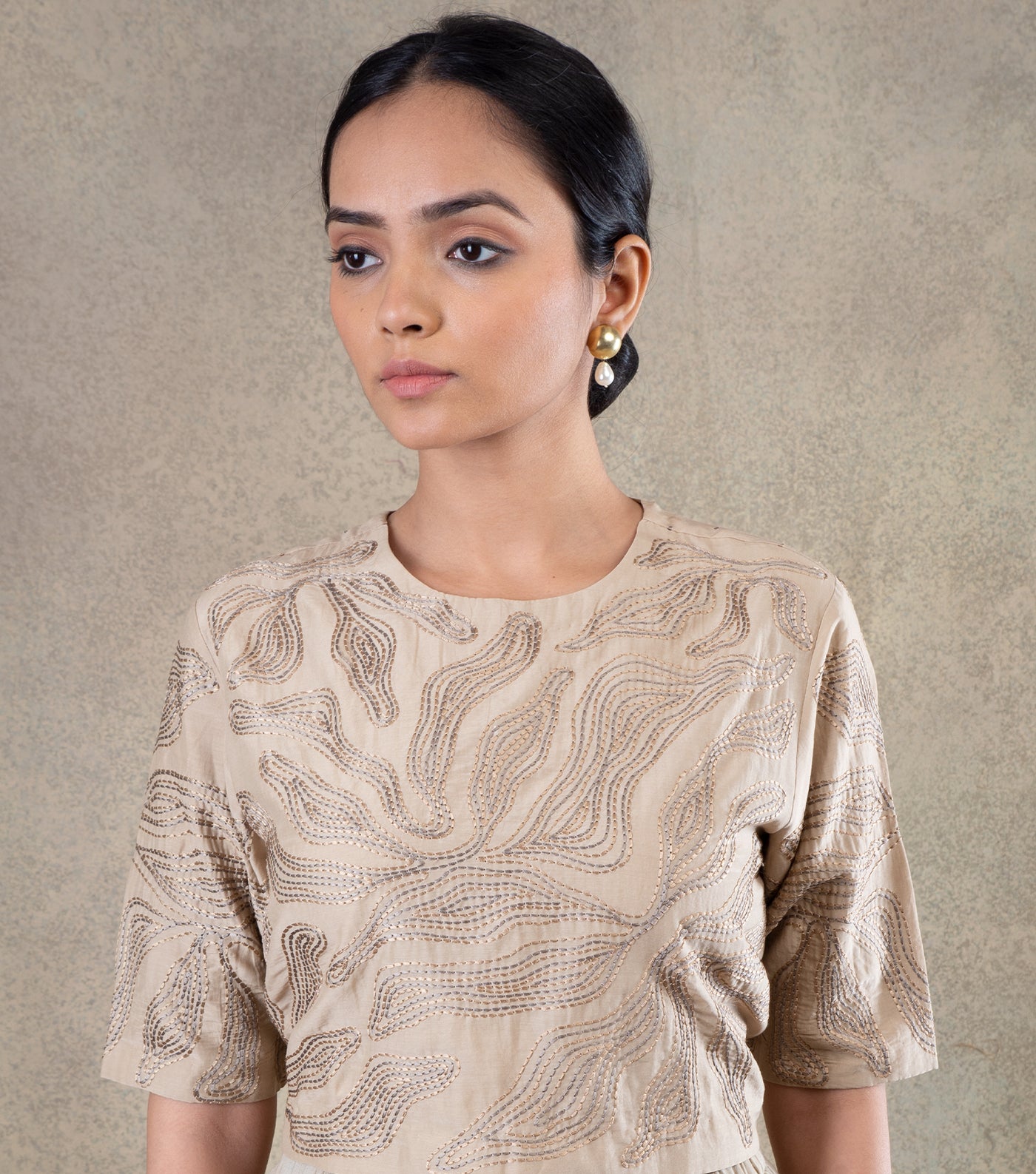 Beige Cotton Silk embroidered Blouse