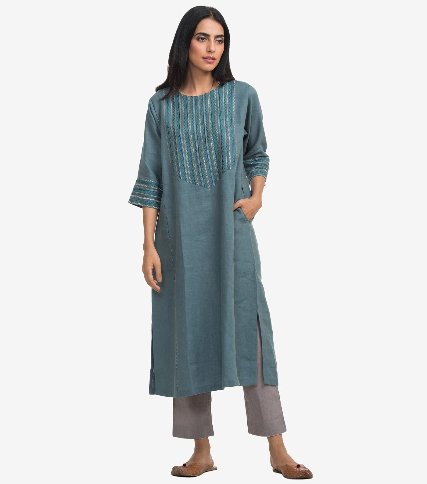 Blue embroidered linen kurta