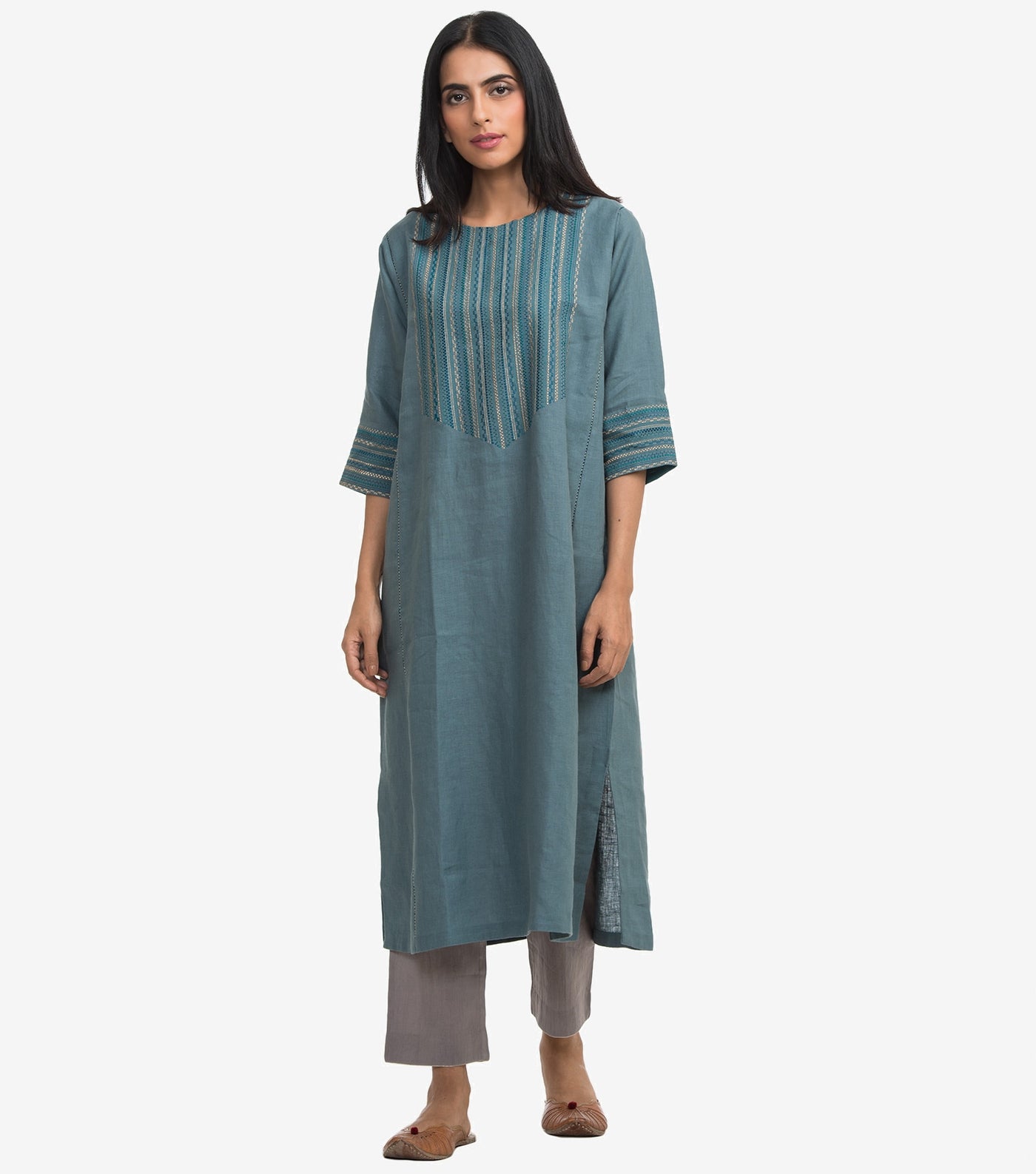 Blue embroidered linen kurta