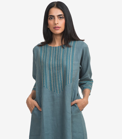 Blue embroidered linen kurta