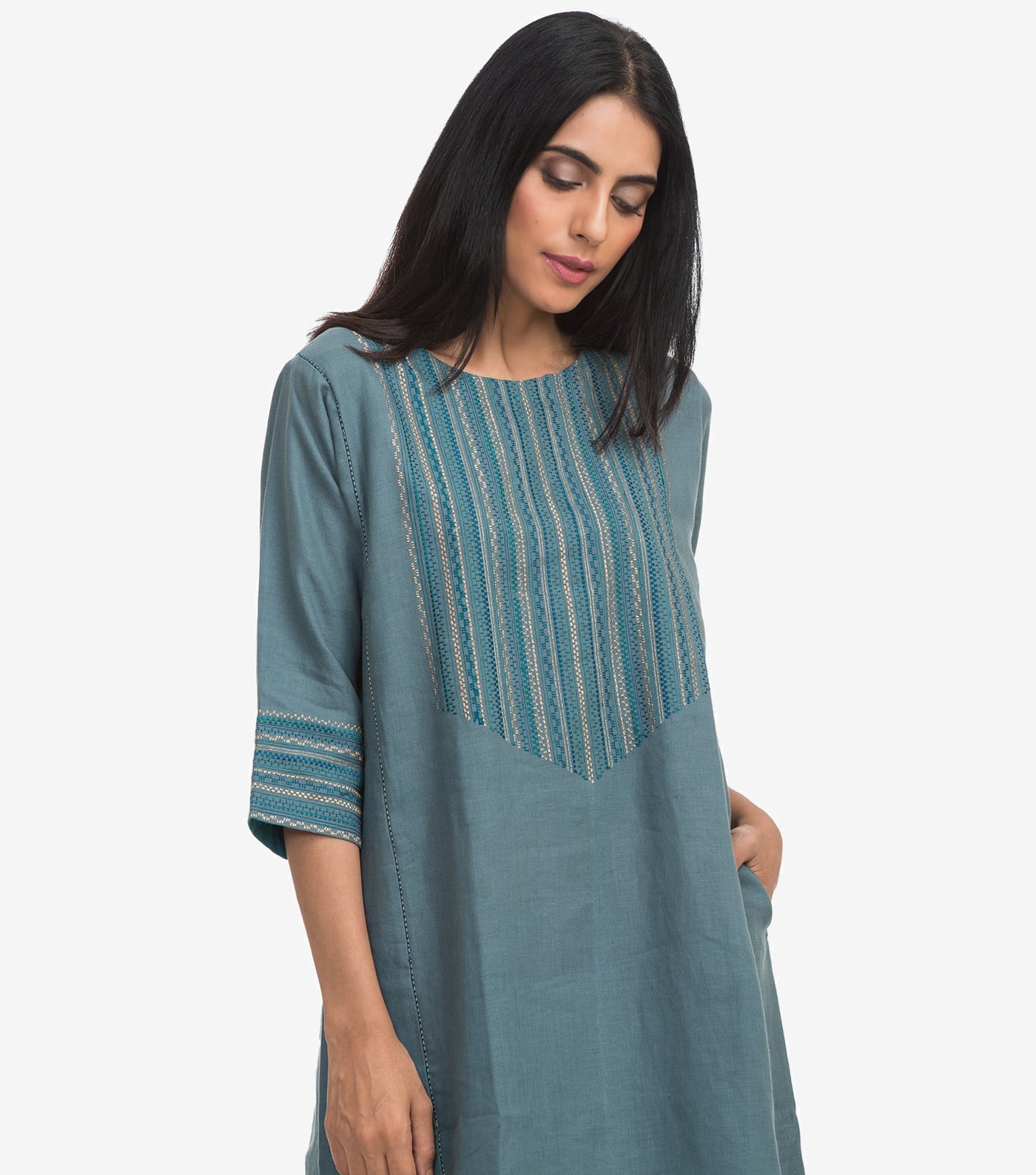 Blue embroidered linen kurta