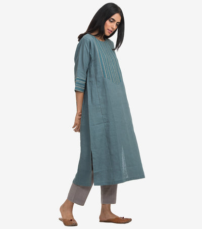 Blue embroidered linen kurta