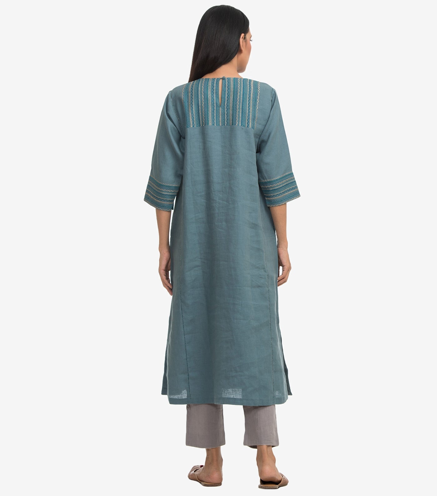 Blue embroidered linen kurta