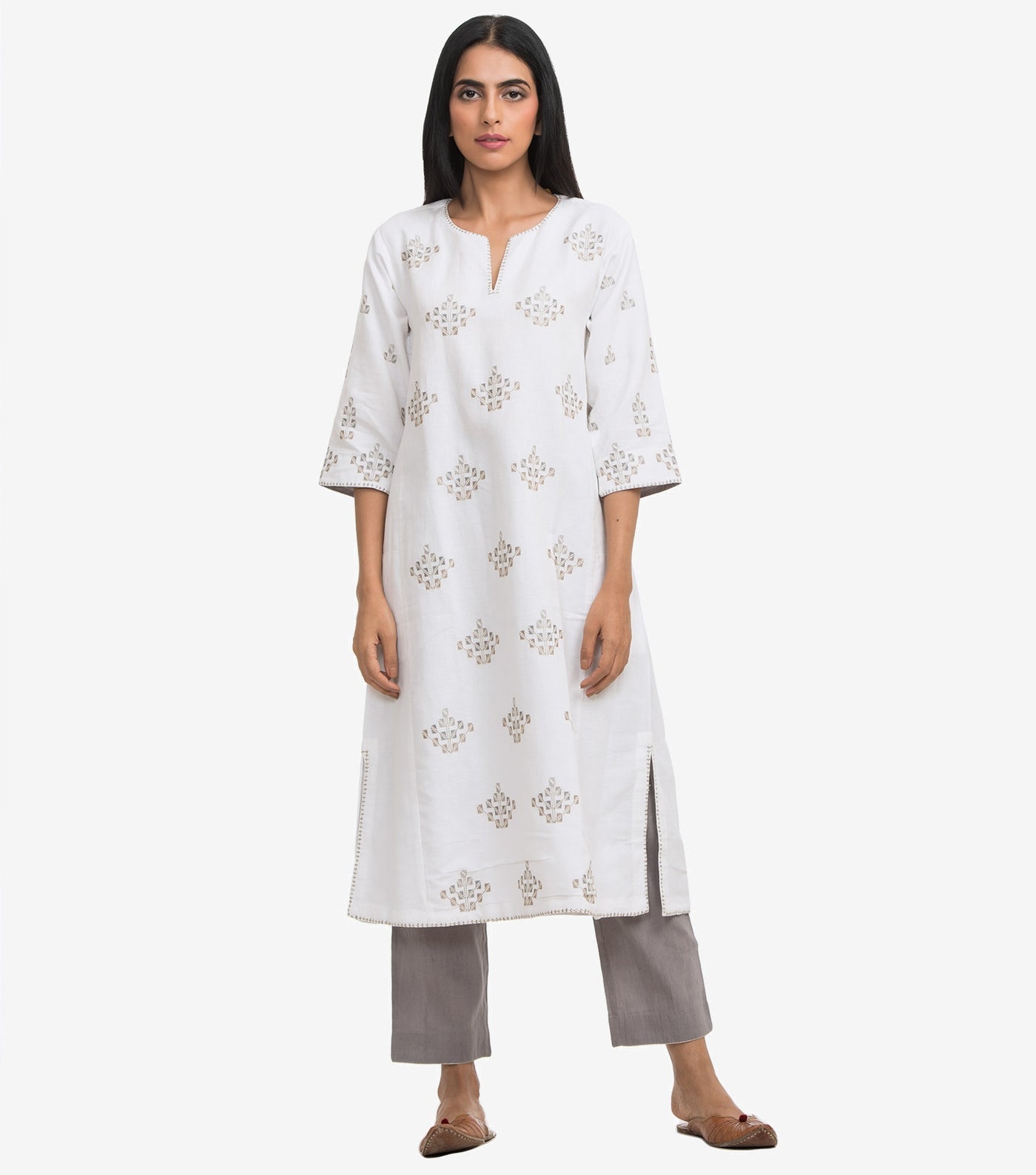 White embroidered linen kurta