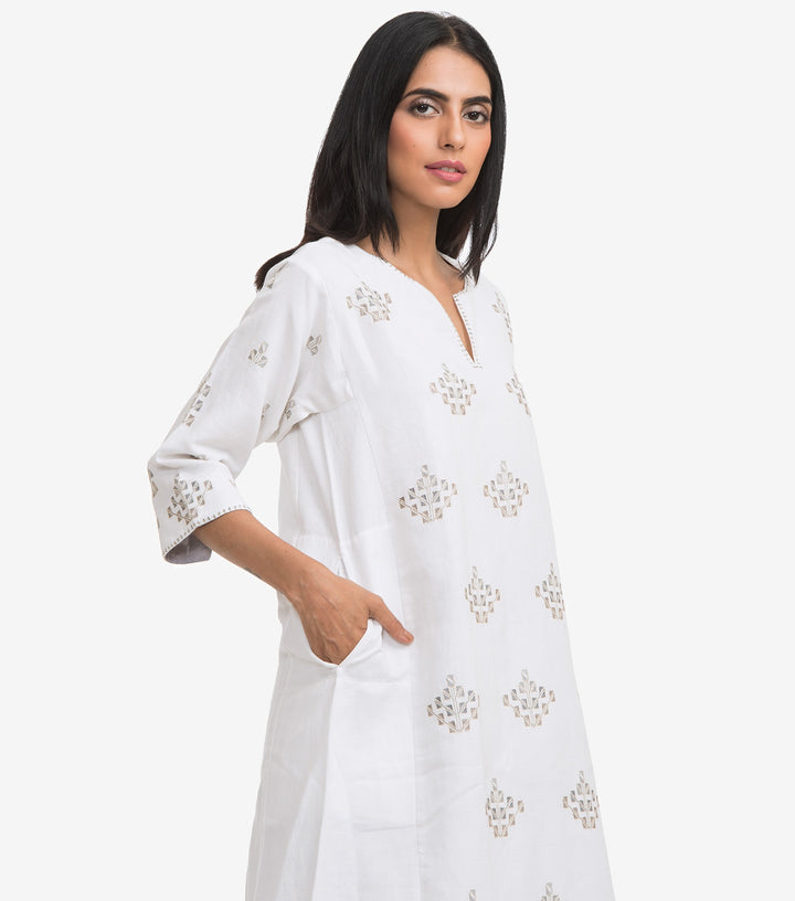 White embroidered linen kurta