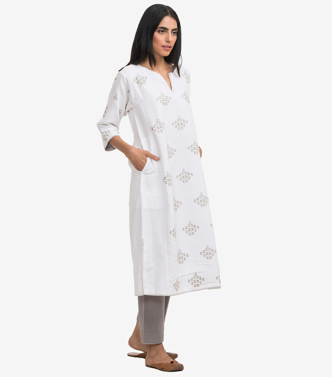 White embroidered linen kurta