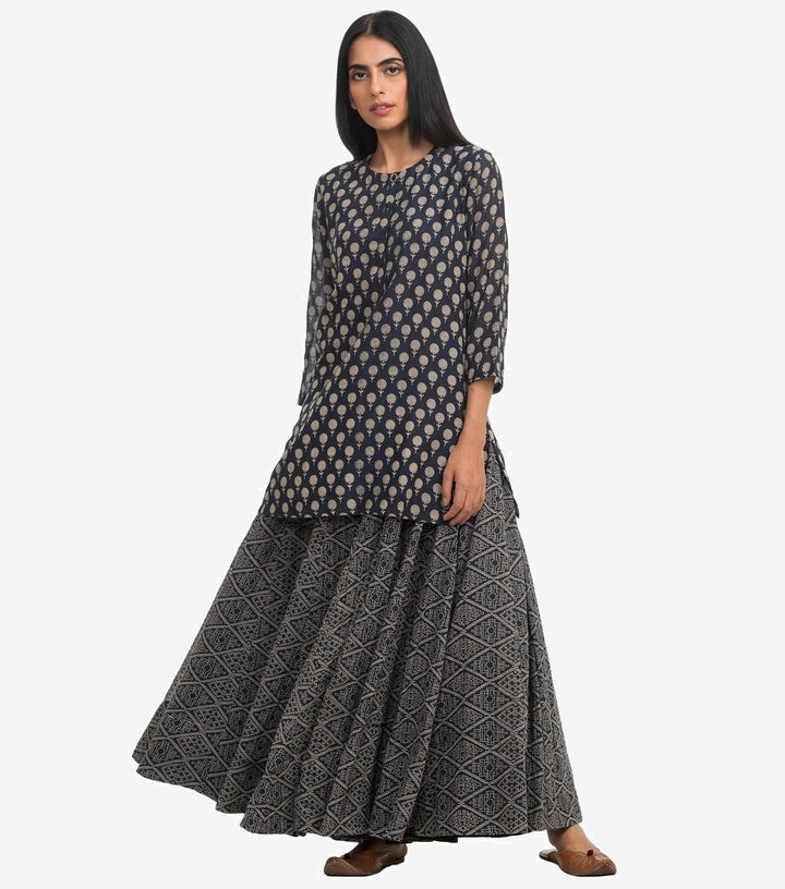 Navy Printed Cotton flared skirt