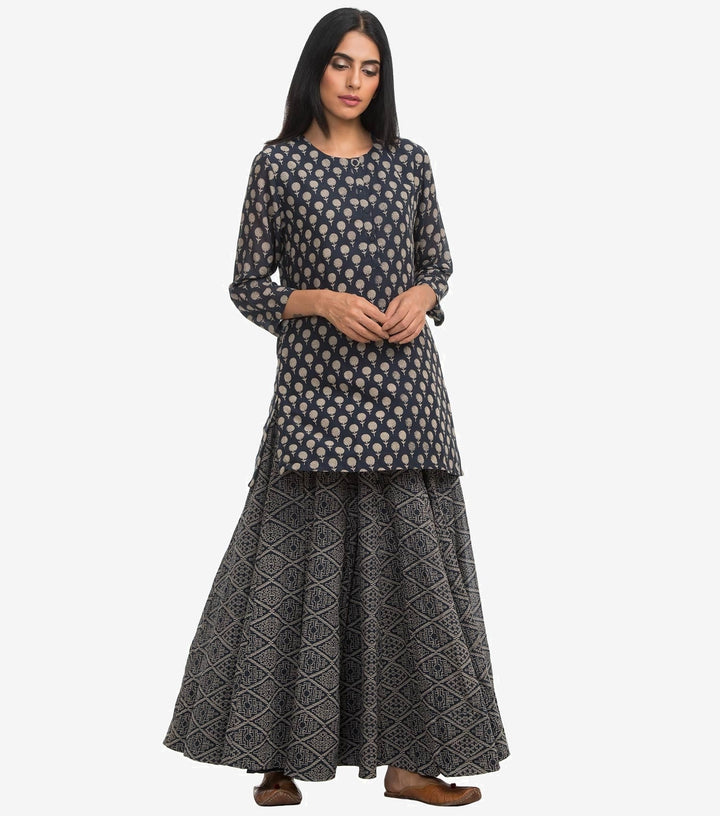 Navy Printed Cotton flared skirt