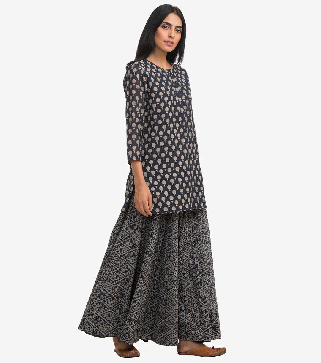 Navy Printed Cotton flared skirt