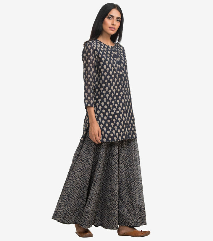 Navy Printed Cotton flared skirt