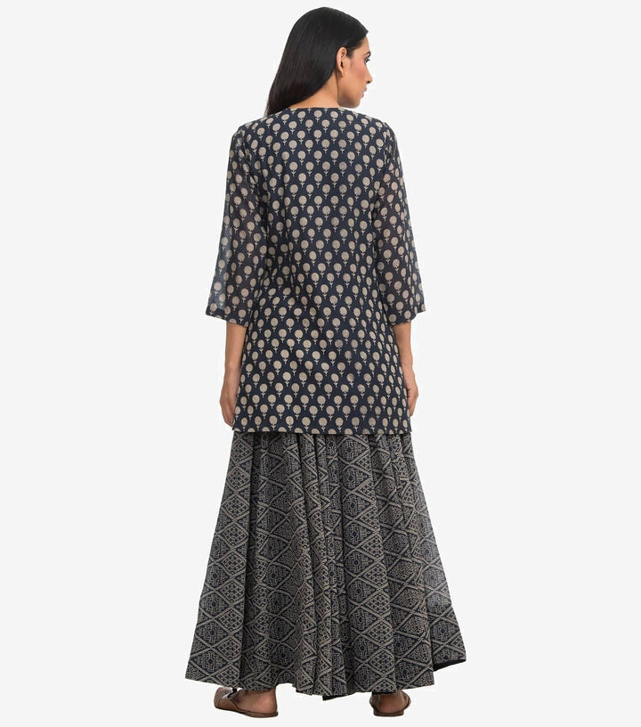 Navy Printed Cotton flared skirt