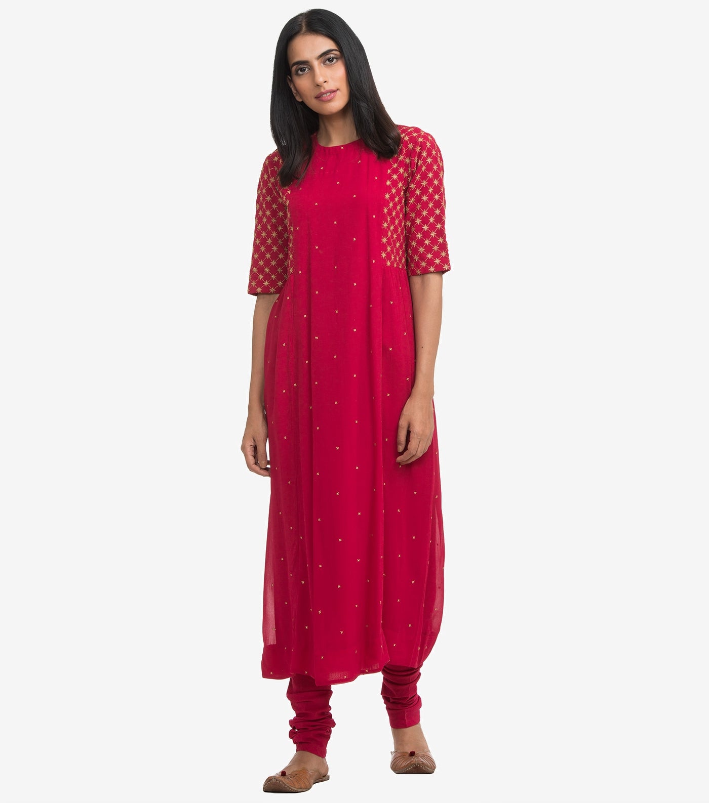 Dark Pink Embroidered Georgette Kurta & Cotton Churidaar Set