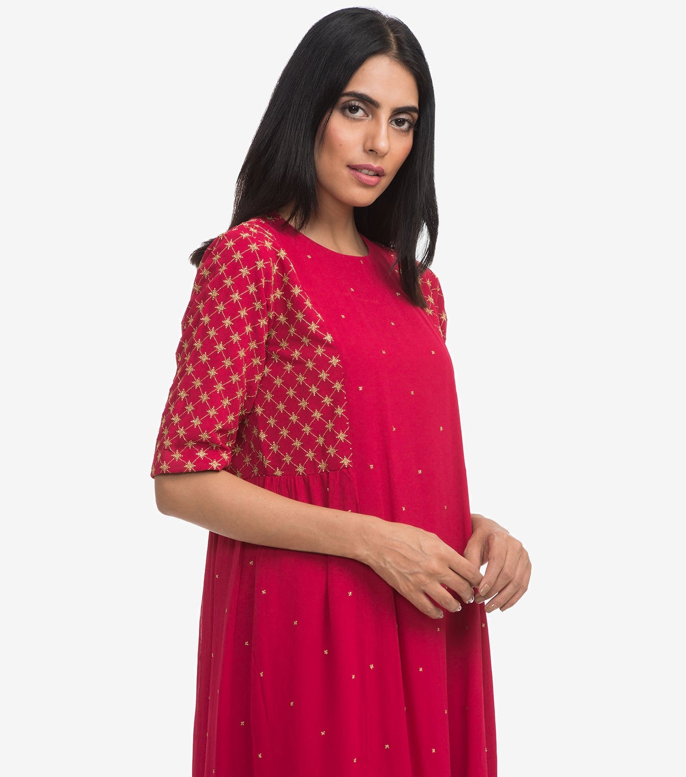 Dark Pink Embroidered Georgette Kurta & Cotton Churidaar Set