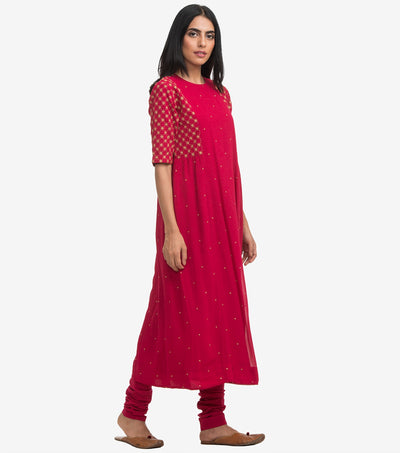 Dark Pink Embroidered Georgette Kurta & Cotton Churidaar Set