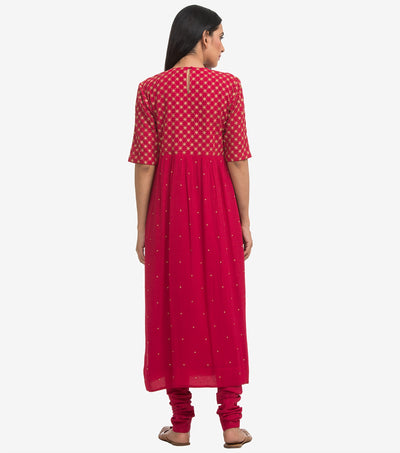 Dark Pink Embroidered Georgette Kurta & Cotton Churidaar Set