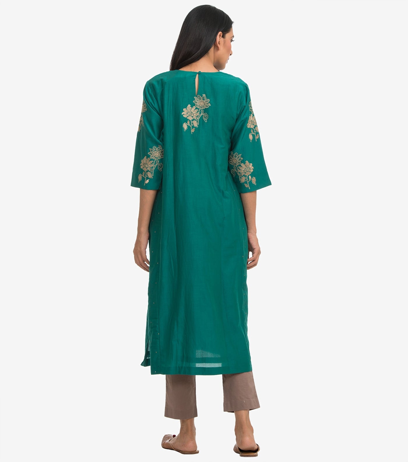 Green cotton silk zari embroidered kurta