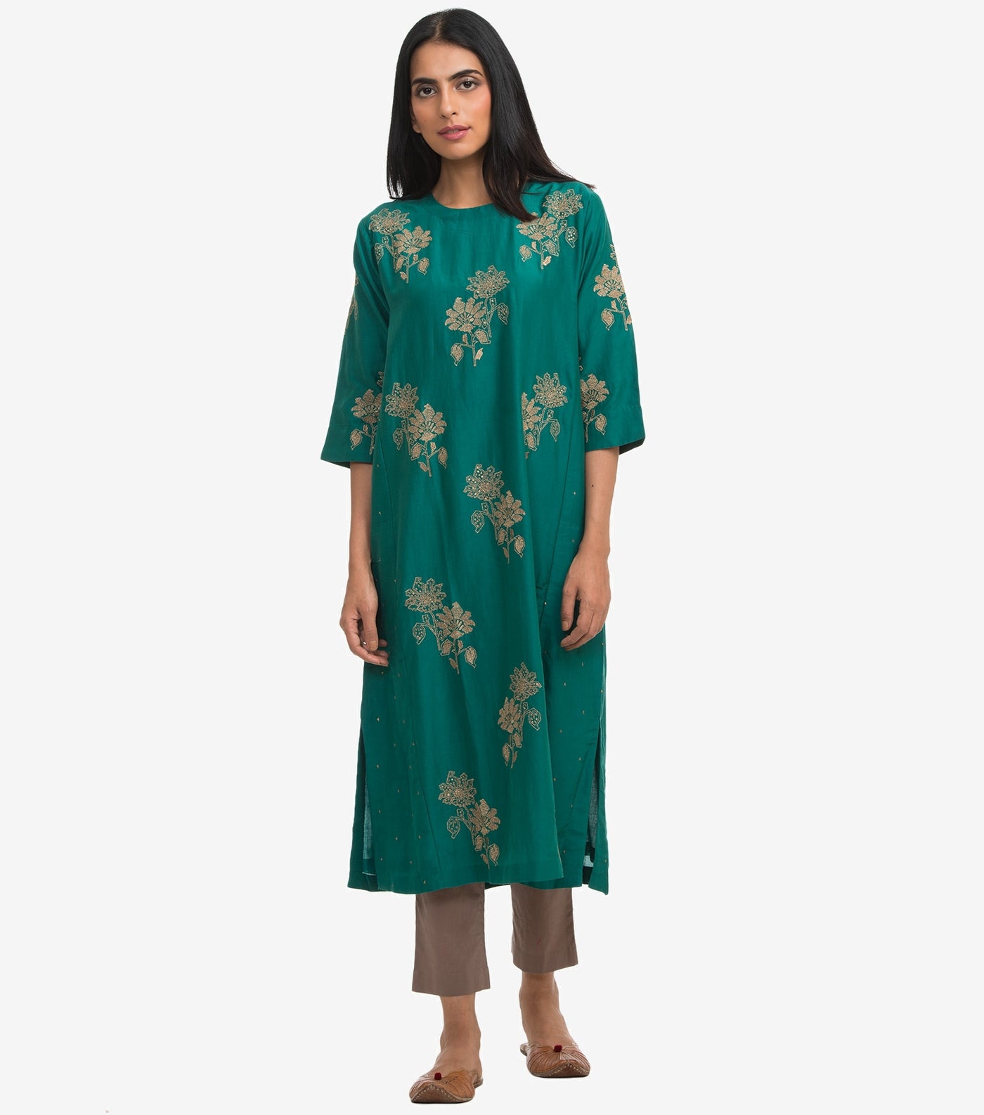 Green cotton silk zari embroidered kurta