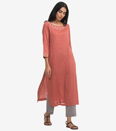 Pink zari embroidered cambric kurta