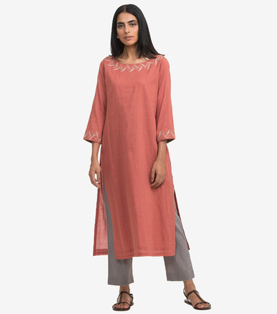 Pink zari embroidered cambric kurta